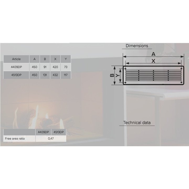 Griglia di ventilazione rimovibile 450x91, set da 2 pezzi, per ventilazione efficace