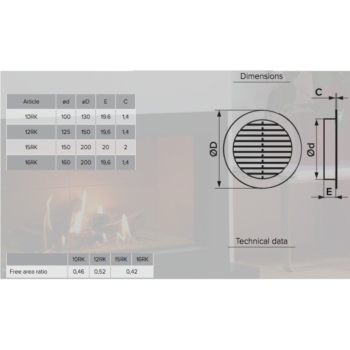 Griglia di ventilazione rotonda D145 con flangia D100 10RKF, vista della quarta immagine della gallery