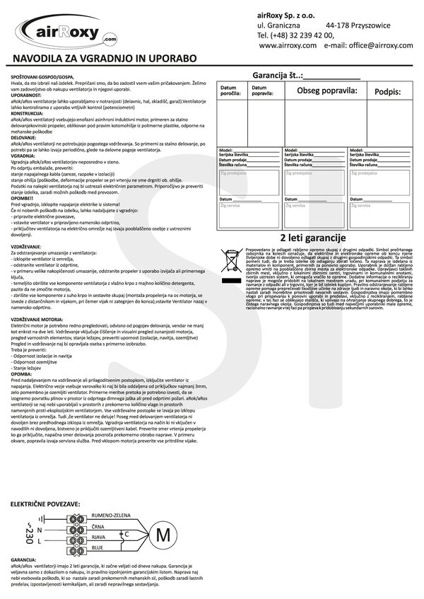 aRos/aRok Ventilatore – Manuale e scheda di garanzia (SL)