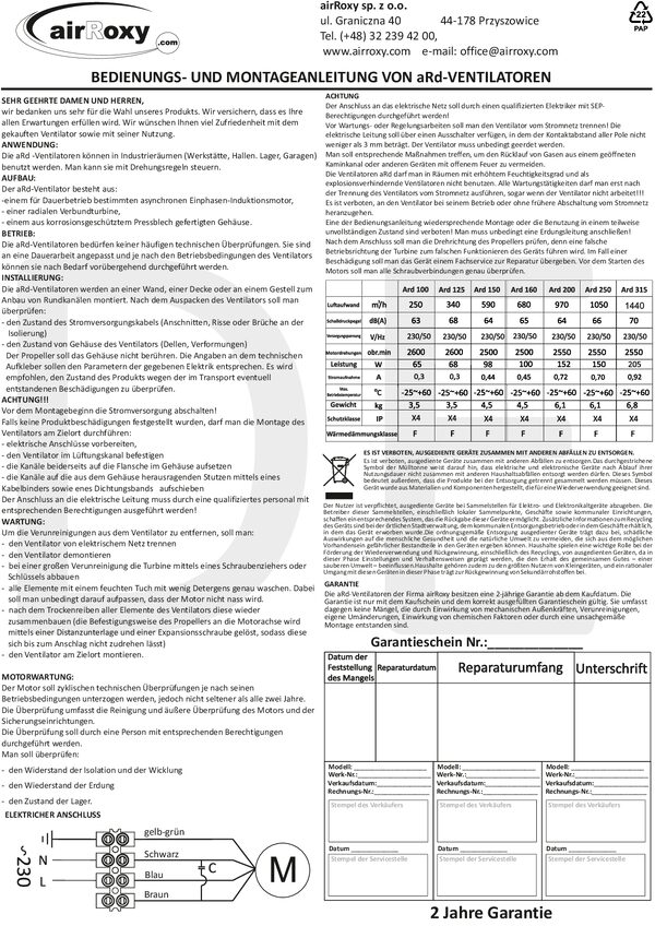 aRd Ventilatore – Manuale e scheda di garanzia (DE)