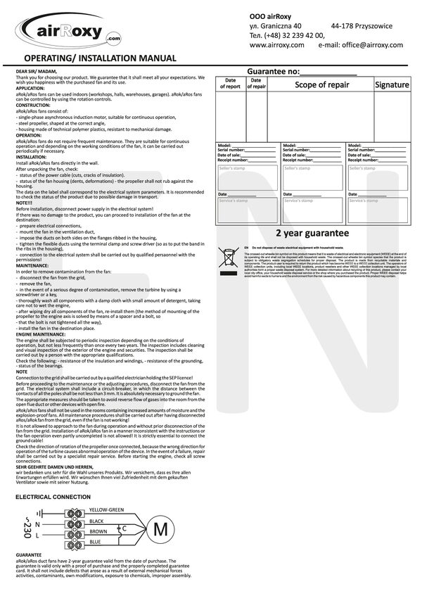 aRos/aRok Ventilatore – Manuale e scheda di garanzia (EN)