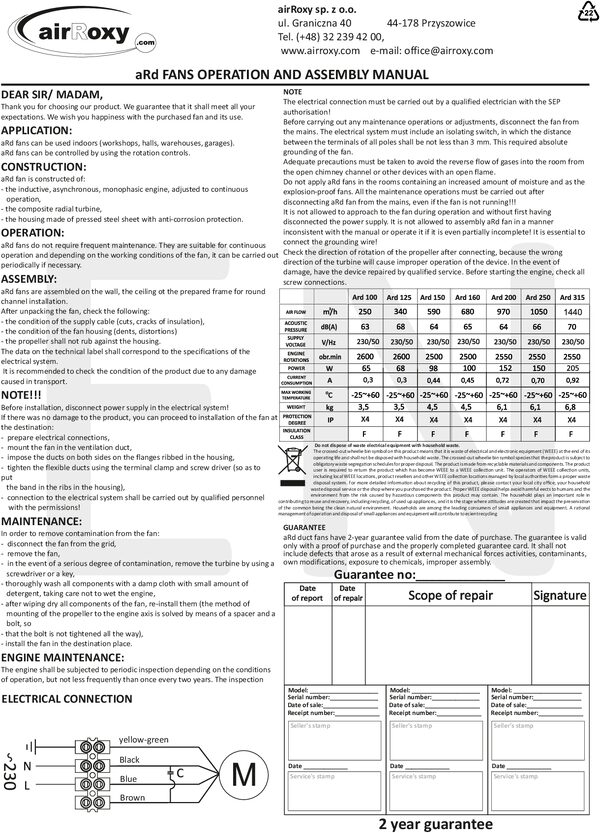 aRd Ventilatore – Manuale e scheda di garanzia (EN)