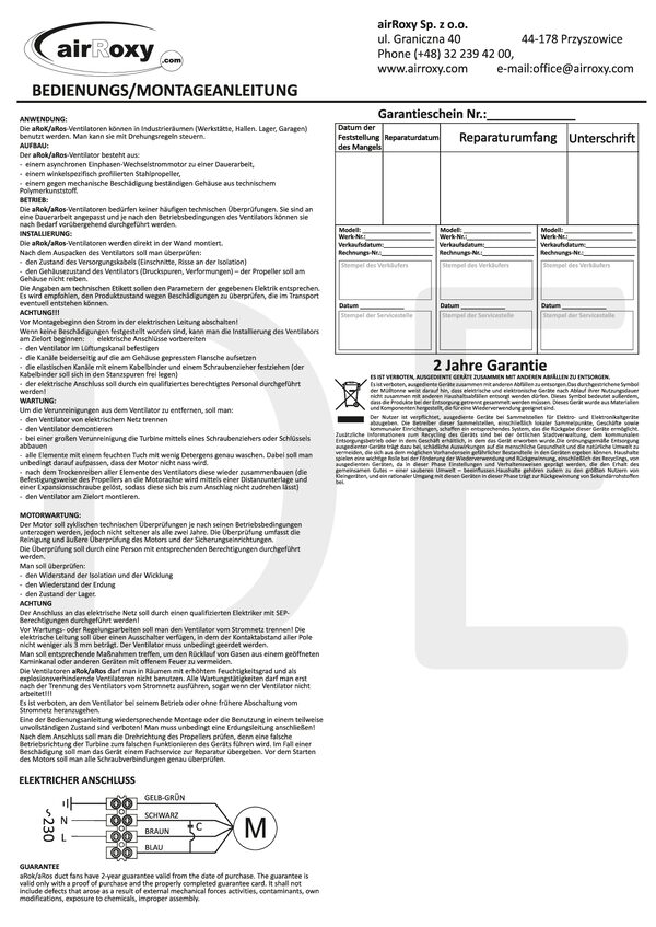 aRos/aRok Ventilatore – Manuale e scheda di garanzia (DE)