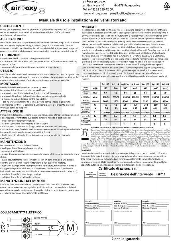 aRd Ventilatore – Manuale e scheda di garanzia (IT)