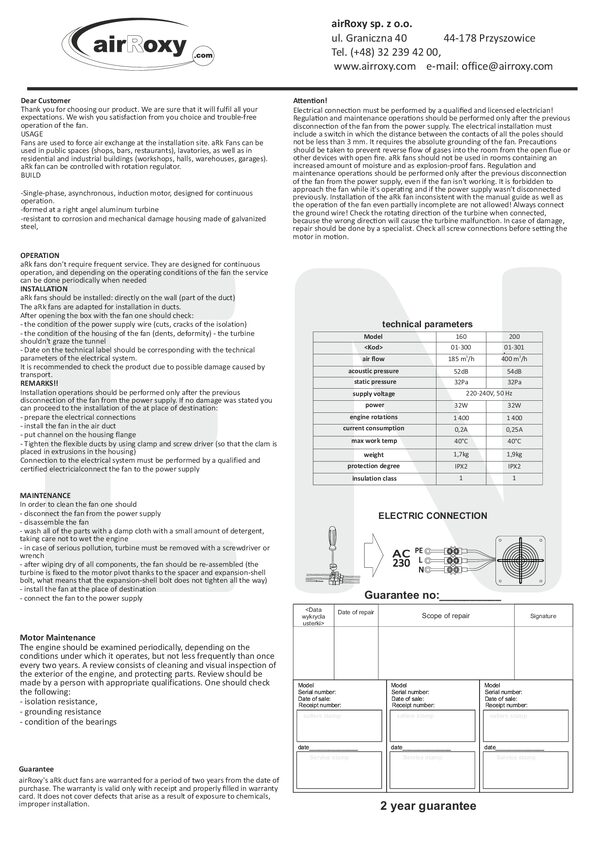 aRk Ventilatore – Manuale e scheda di garanzia (EN)