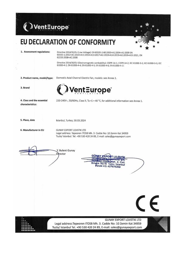 VentEurope ventilatori domestici – Dichiarazione di conformità