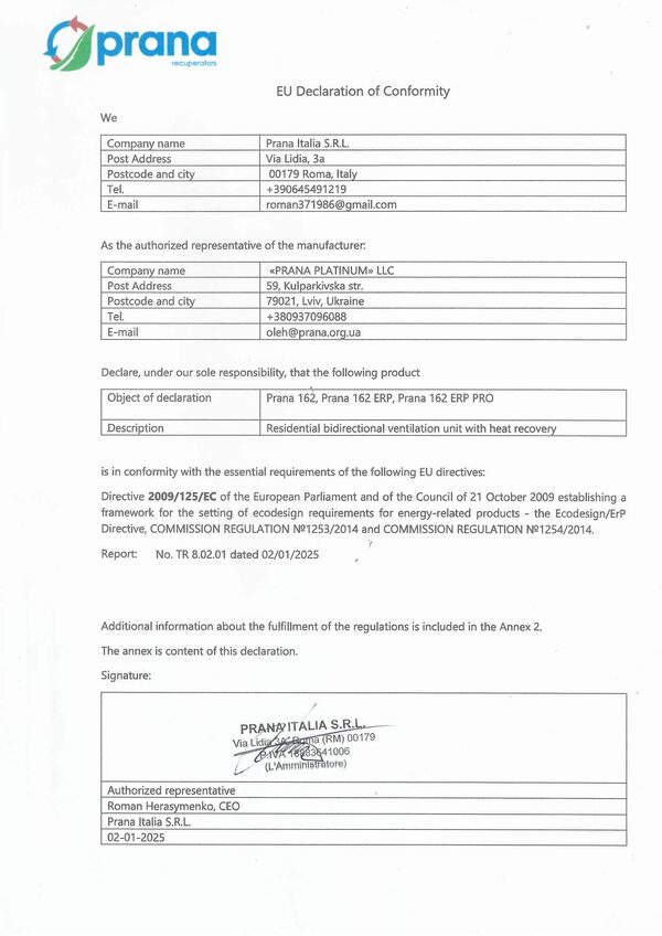 PRANA 162 ERP / ERP PRO – Dichiarazione di conformità UE