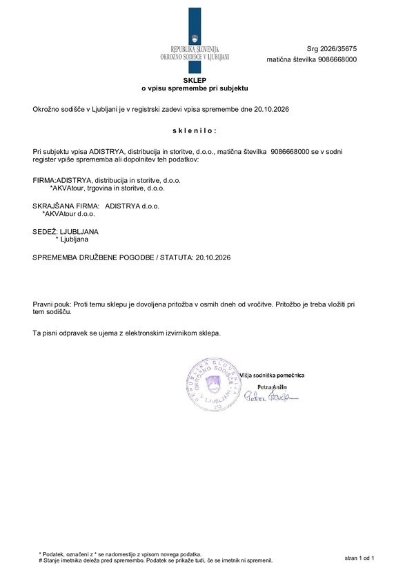 Decisione sull’iscrizione della modifica della denominazione sociale: AKVAtour d.o.o. → ADISTRYA d.o.o. (Srg 2026/35675)